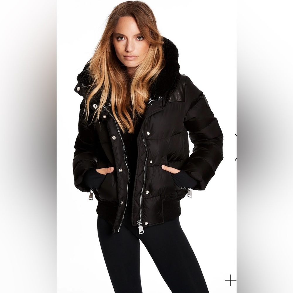 SAM NYC Sawyer quilted down embellished puffer jacket coat leather black large